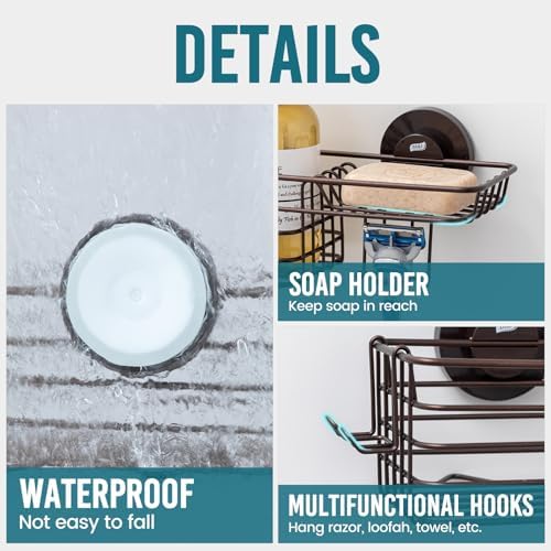 TAILI Shower Caddy Suction Cup with Hooks & Soap Holder, Brown Shower Shelf | Heavy Duty Bathroom Organizer, No Drilling Shelves for Inside Shower, Metal Storage Holder
