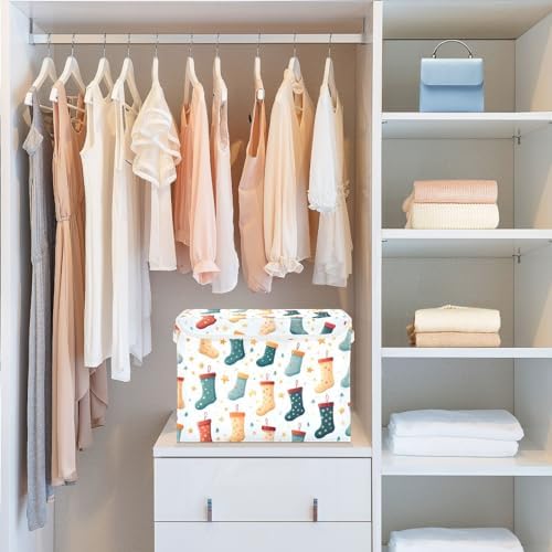 Large Storage Bins with Linen Christmas Colorful Stockings Collapsible Foldable Storage Cubes Fabric Closet Organizer Containers box with Flip-Top Lid for Home Bedroom Office 16.7 x 12.6 x 11.8in