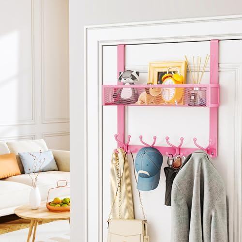 SWTYMIKI Over The Door Hook with 16 Hooks & Mesh Baskets - Heavy Duty Over The Door Organizer Hanger for Towels, Coats, Clothes - Space Saving Hanging Rack for Bathroom, Living Room, Pink