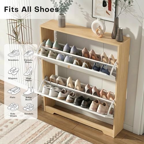 Nicetree Shoe Storage Cabinet with 2 Flip Drawers, Natural Oak and White