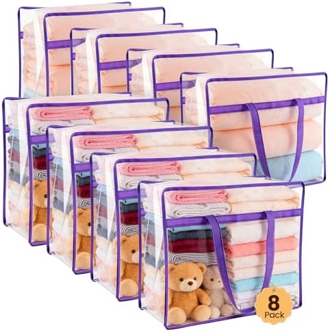 8 Pack 40L Clear Storage Bags with Zipper Large Opening for Loading