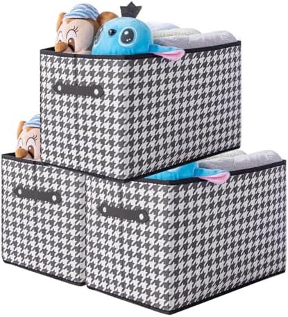 3 Pack Large Collapsible Storage Baskets for Shelves,14.9"x9.5" Fabric Closet storage Boxes with Leather Handles,Decorative Organizers Storage Bins for Clothes,Sheets,Toys,Books,(Houndstooth