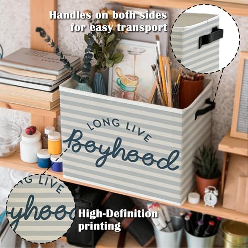 Long Live Boyhood Boys Storage Bins Box with Handles, Light Blue Striped Collapsible Basket Organizer for Kids Boy Nursery Room Bedroom Bathroom Playroom Books Clothes