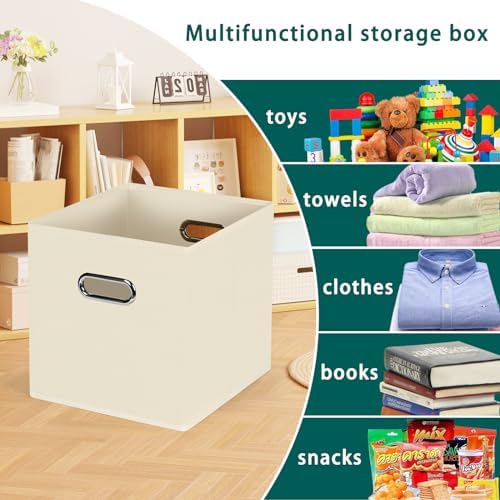 Black Foldable Storage Cubes Bins, Fabric Storage Box Cubes Organizer Baskets with Dual Handles for Home Organizer,Set of 6,(Creamy-White)