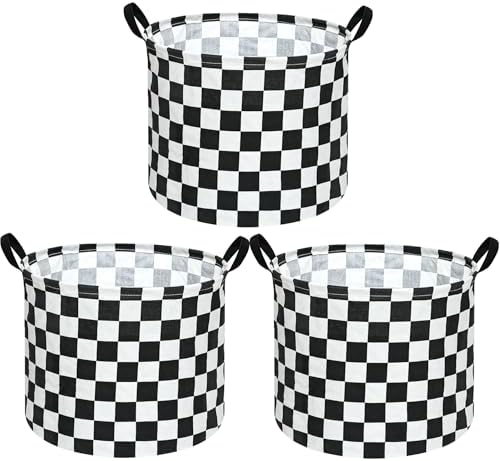 3 Pack Checkered Storage Baskets with Leather Handles, Foldable Fabric Toy Storage Bins with Waterproof Lining, Large Round Laundry Hamper for Kids Room, Nursery, Bedroom, Playroom Organization