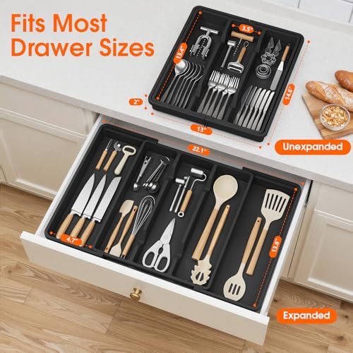 Large Expandable Silverware Drawer Organizer, Utensil Tray | Kitchen Drawer Organizer for Spoons/Forks/Knives, Multipurpose & BPA Free Cutlery Tray (1 Pack, Black)