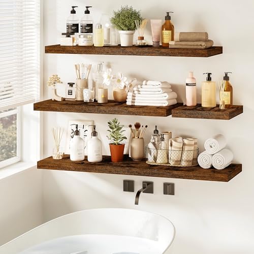 Vivelove Floating Shelves 9 inch Deep 48”Long Set of 2, Rustic Brown | Easy Install With Hardware, 1.5" Thick, Invisible Brackets, Wall Mounted, No Sagging, For Any Room