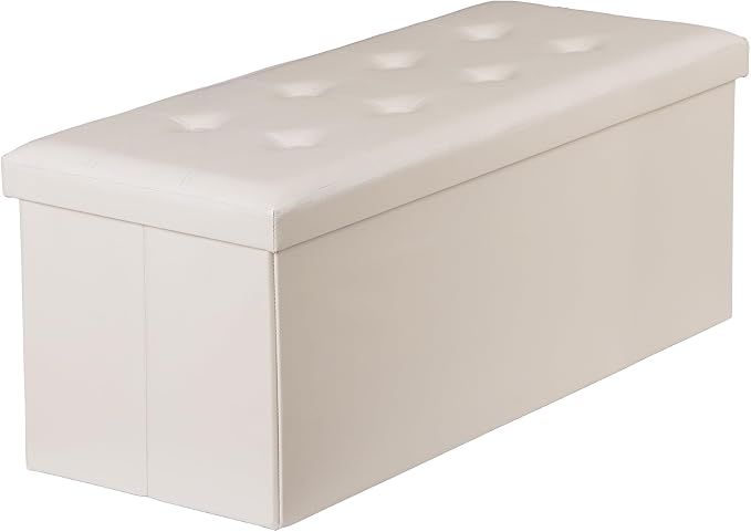 JupiterForce Storage Ottoman Bench, 43 Inches Folding Faux Leather Ottoman Footrest Bench with Storage&Padded Seat for Living Room, Bedroom, Entryway, Holds up to 660lbs, Beige