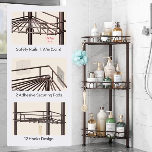 SWTYMIKI Standing Shower Caddy Corner - 3‑Tier Stainless Steel Shower Organizer Shelf with 12 Hooks and Adhesive Pads, Rustproof Corner Shelves Stand Rack for Bathroom Shower Room, Bronze
