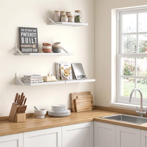 YGEOMER 4 Different Sizes Floating Shelves for Wall Home Decor, White | Rustic wood shelves in mixed sizes for flexible combined storage. Fits bathroom, kitchen, living room, bedroom and office.