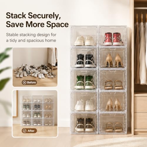 Clear Shoe Storage Box, 2026 2nd Gen Thickened Hard Plastic Stackable Organizer with Magnetic Door, Folding Shoe Rack for Closet, Large Sneaker Display Case for Sneakers and Ankle Boots,1 Pack