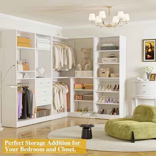 Unikito 110” Closet System with Drawers, 9.3FT Corner Closet Organizer with 4 Hanging Rods, Reversible Large Wood L Shaped Walk in Closets Wardrobe with Shoe Shelves, Max Load 3000LBS, Set of 4, White