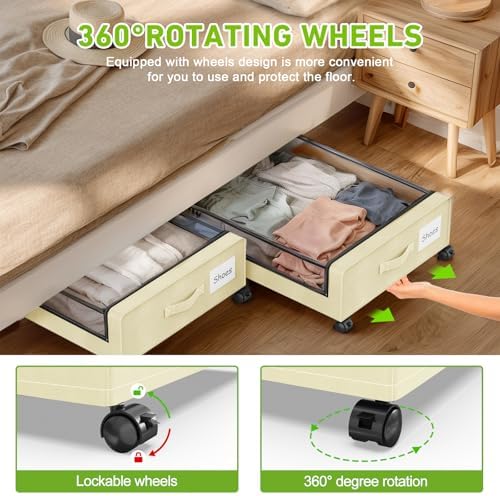 Molutsody Under Bed Storage with Wheels, 2-Pack Underbed Storage Containers with Clear Lids, Under Bed Shoe Storage Organizer, Rolling Under Bed Storage for Clothes Shoes Blankets (Beige)