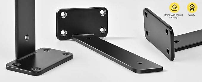 2 Pack - 8 inch Black Hidden L Shelf Bracket (1/5 Inch Thicked) Iron Floating Shelf Brackets Rustic Industrial Metal Brackets for Shelf Support