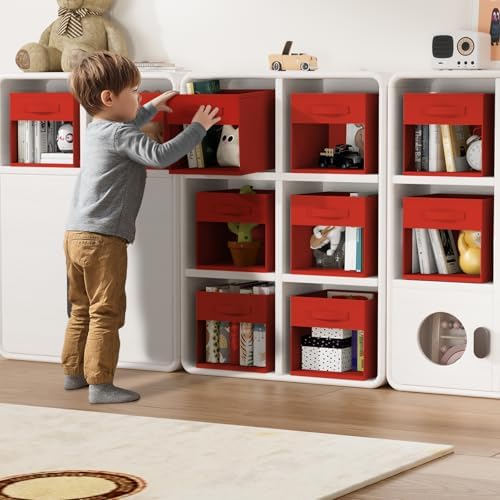 DIMJ Cube Bins, 12.2-Inch Storage Bins Cubes with Window, 6 Packs Collapsible Storage Bins with Handles, Closet Storage Baskets for Organizing Living Room, Office, 6 Pack,Red
