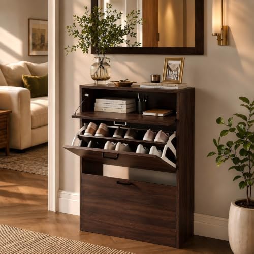 VINGLI Set of 2 Shoe Cabinets Storage for Entryway,2-Pack,Walnut