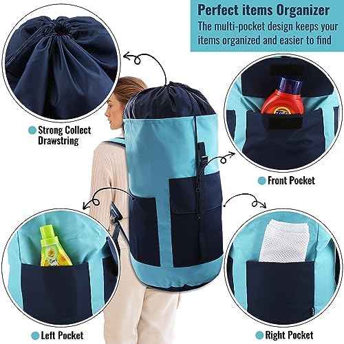 JOINPRO Laundry Bag Backpack, 125L Extra Large Laundry Backpack with Shoulder Straps, Adjustable Extendable Laundry Hamper Bag with 3 Pockets for College, Travel, Camping (Teal)