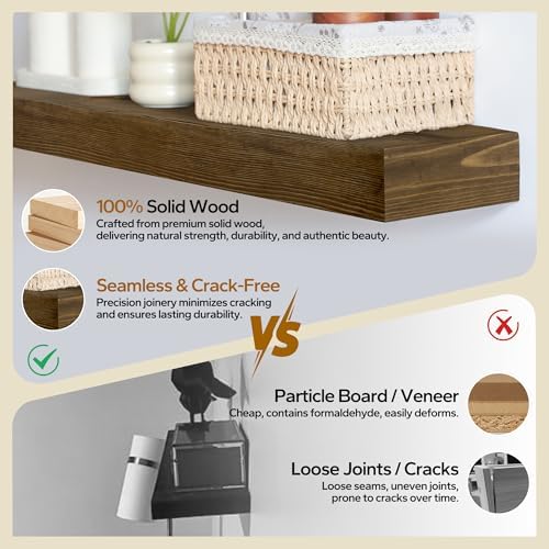 Floating Shelves 3 inch Thick for Wall Set of 2,Solid Pine Wood Wall Mount Shelf for Kitchen Living Room Bedroom Bathroom,8" D x 24" L x 3" H-Dark Walnut