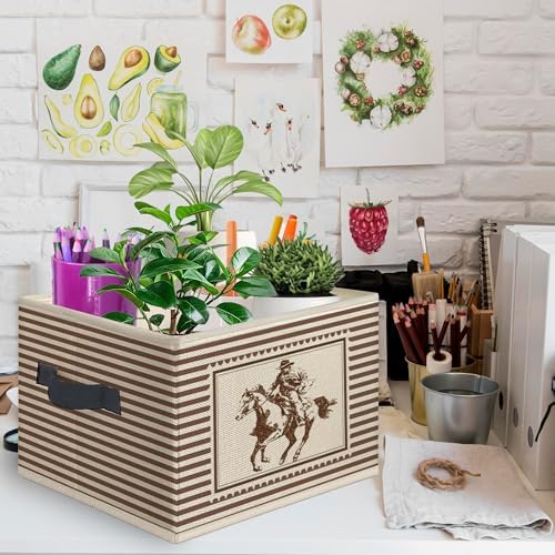 Vintage Western Cowboy Foldable Storage Bins Box with Handles, Western Country Cowboy Rodeo Horse Neutral Striped Collapsible Toys Books Clothes Organizer Basket for Bedroom Bathroom