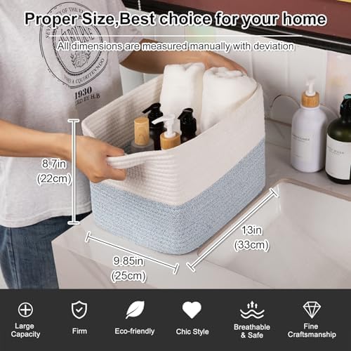 OIAHOMY Woven Storage Basket for Shelves, Rectangle Cotton Rope Baskets for Organizing, 13 x 10 x 9 in, Storage Bins for Dog Toys,Towel,Books,Gift,Blue and White