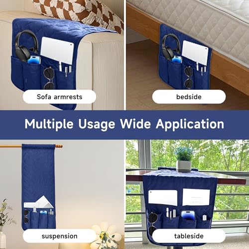 MEHIDFY Sofa Armrest Caddy, Waterproof Bedside Storage Organizer, Non Slip Armchair Pockets, Remote Control Holder for Couch, Handy Pouches with 6 Pockets for TV Remote, Phone, Magazine(Blue)