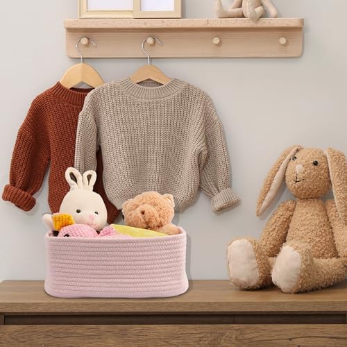 XUANGUO Small Woven Storage Baskets for Shelves, 13" x 9" x 5", Pink