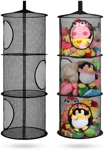 2Pcs Hanging Stuffed Animal Storage Hammock Net 3 Tiers, Black