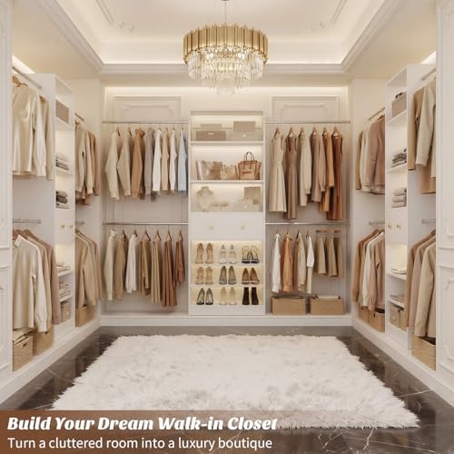 Armocity Wood Closet Organizer System with Sensing Light - 4FT-9FT Expandable Wardrobe Closet with Drawer & 4 Hanging Rods, Heavy Duty Walk-in Closet 1000Lbs for Bedroom Walk-in Closet, White