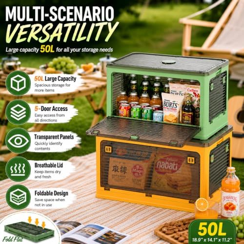 3-Pack 50L Stackable Storage Bins with Lids and Wheels, Foldable Storage Boxes Collapsible Organizers for Home Organization, Storage Cabinets for Outdoor Camping, Mixed Color
