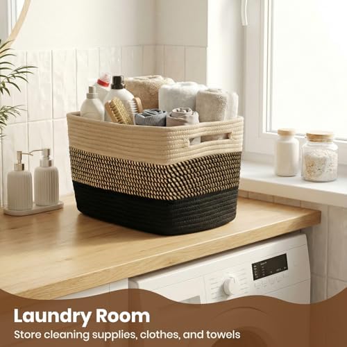 Storage Baskets for Organizing, 14 x 10 x 9” Closet Shelf Woven Baskets, Square Bins with Handles, Cotton Rope Basket for Clothes, Office, Room, Black+Brown 1Pack