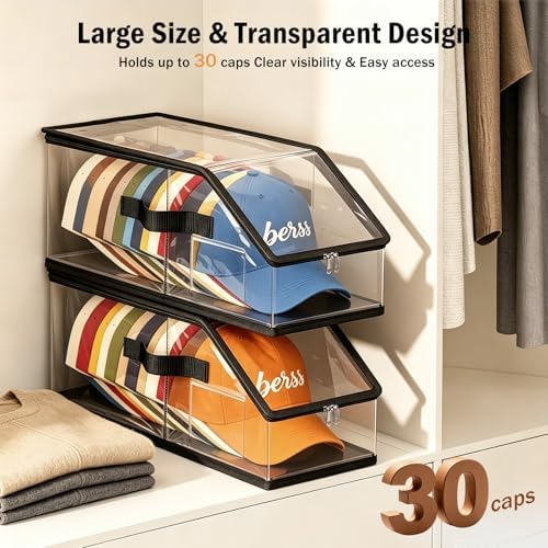2 Pack Foldable Clear Baseball Cap Storage, Stackable Hat Organizer