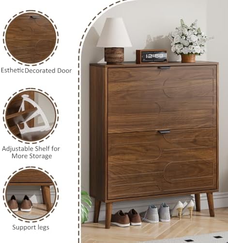 Shoe Cabinet Storage for Entryway with 2 Flip Drawers, Narrow Shoe Cabinet with Black Handles for Entryway, Hidden Slim Shoe Organizer Rack, 31.5" w x 9.45" D x 39" H