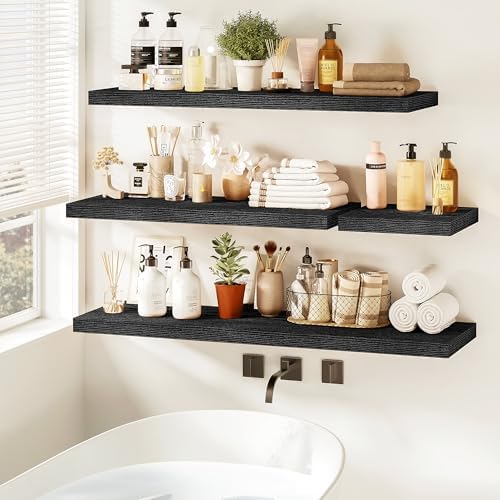 Vivelove Floating Shelves 9 inch Deep 24”Long Set of 2, Black | Easy Install With Hardware, 1.5" Thick, Invisible Brackets, Wall Mounted, No Sagging, For Any Room