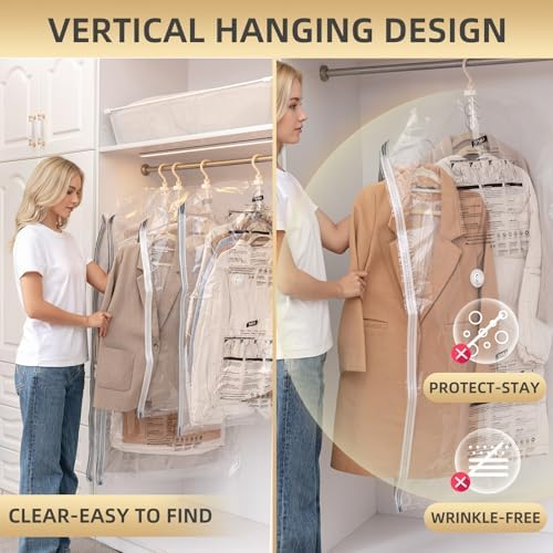 Hanging Vacuum Storage Bags, 6 Large Vacuum Pack Bags for Clothes Reusable Space Saver Bags Vacuum Compression Storage Bags for Winter Coats Wardrobe Coats, Suits & Dresses Garment 5-Ring Hangers