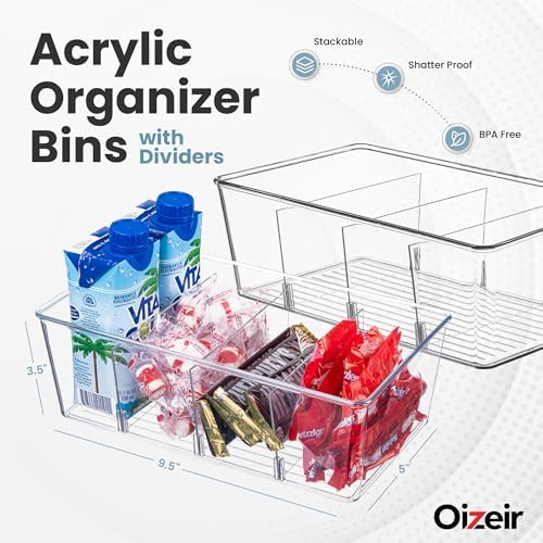 Oizeir Clear Pantry Organizer Bins 4-Pack - Fridge Organizer with 3 Removable Dividers - Kitchen Pantry Organizers & Storage - Storage Cabinet Snack