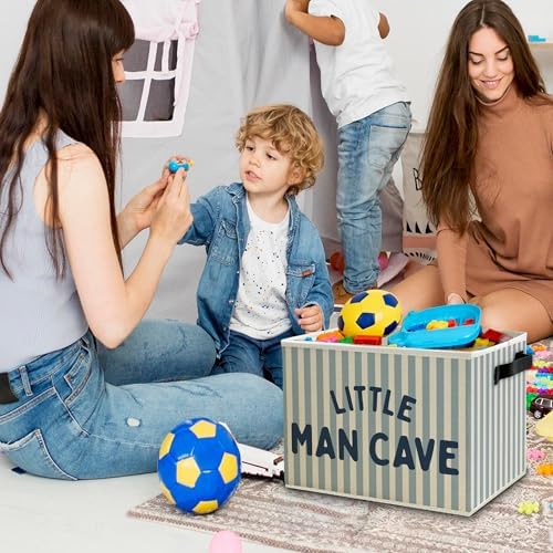 Little Man Cave Boys Storage Bins Box with Handles, Olive Blue Stripe Boho Collapsible Basket Organizer for Kids Boys Playroom Nursery Room Bedroom Bathroom Books Clothes