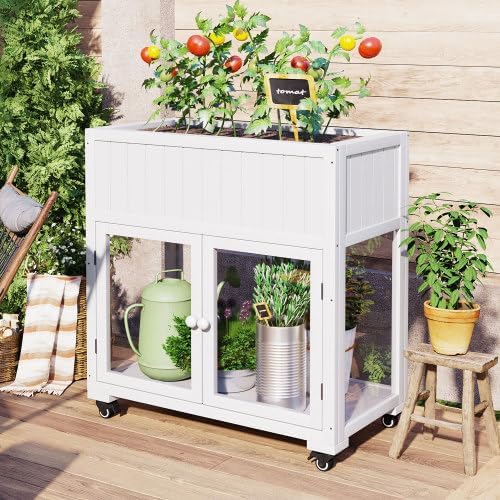 Outdoor Raised Garden Bed with Bottom Cold Frame Greenhouse, Wooden Raised Planter with Wheels & Drainage Holes, 2 Polycarbonate Doors, Ideal for Patio, Balcony, Black (White)