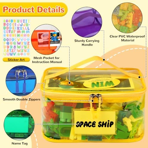 Tesuko 6 Pack Clear Toy Storage Bag with Name Tag& Manual Pocket, Waterproof Transparent PVC Toy Organizer Case for Lego Bricks, Board Games, Building Blocks, Puzzles (Large Capacity, Full Colourful)