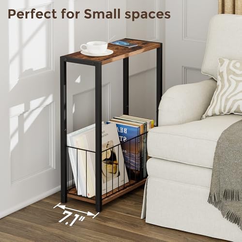 Homleke Narrow Side Table with Magazine Holder, Skinny End Table