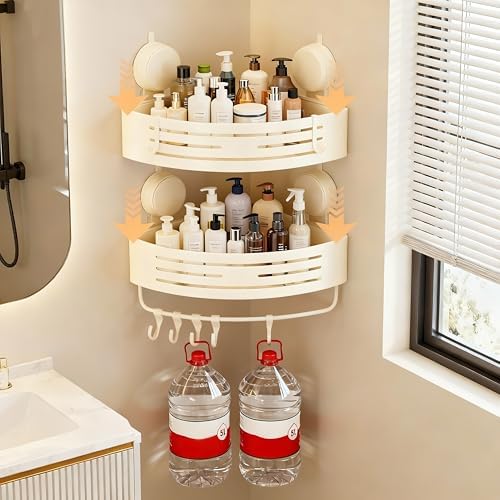 Corner Shower Caddy Bathroom Organizer（2-Pack Cream White）,No-Drilling Aluminum Suction Cup Corner Shower Shelf with Towel Bar & Hooks,Detachable and Reusable Bathroom and Kitchen Storage