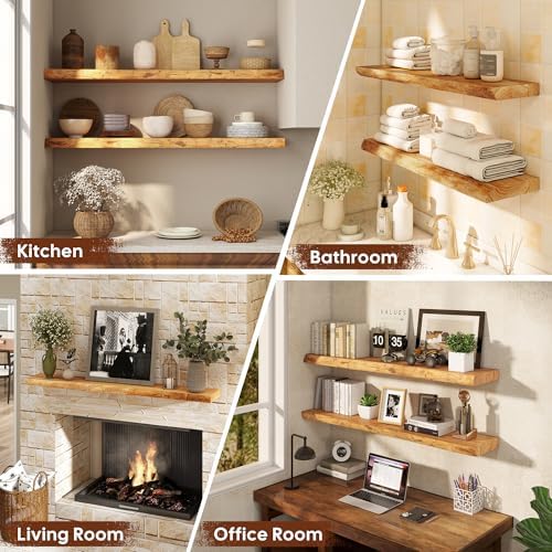 24" Floating Shelves Set of 2, Solid Elm Wood, Natural Live Edge