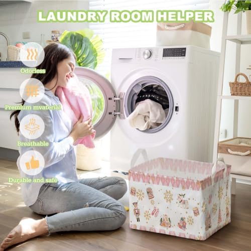 Pink Christmas Nutcracker Storage Baskets, Empty Christmas Gift Baskets, Pastel Nutcracker Home Decorations, Large Square Waterproof Laundry Hamper Coating, Foldable Toy & Clothes Bins for Bedroom