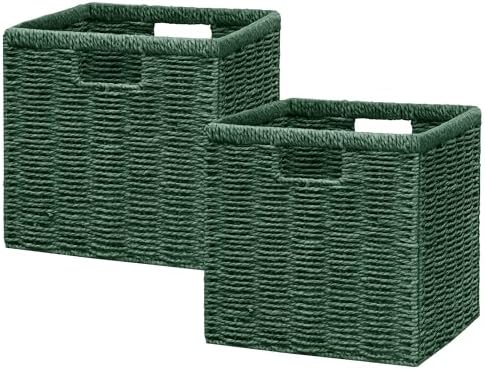 Vagusicc 9 inch Wicker Storage Cubes, Set of 2 Handwoven Wicker Baskets for Storage, Square Cube Organizer Bins, Foldable Paper Rope Storage Baskets for Organizing, Green