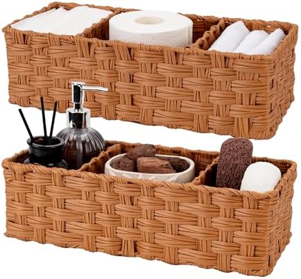 GRANNY SAYS Back of Toilet Organizer, Bathroom Storage Baskets, 2-Pack | 3 Section Small Wicker Storage Baskets for Shelves, Toilet Paper Basket for Toilet Tank Top, with Dividers, Caramel Orange