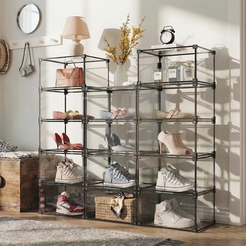 Magnetic Side Open Transparent Plastic Storage Shoe Box Clear Shoe Display Case Sneaker Shoe Storage Box Display Box Shoe Container Clear Closet Shelf Shoe Organizer (Black 4PC)