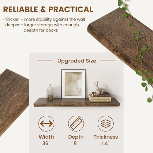 Live Edge Floating Shelves for Wall Decor, Solid Elm Wood Floating Shelves Wall Mounted, Rustic Wall Shelves with Invisible Bracket for Living Room Bathroom Bedroom Kitchen, 36 Inch Set of 2, Walnut