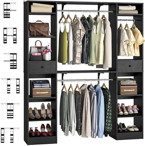 Unikito 58 - 90 Inch Closet System, Large Walk in Closet Organizer with 3 Hanging Rods and Shelves, Heavy Duty Wood Closets Wardrobe with 2 Drawers & Shoe Rack, Sturdy Reversible Clothing Rack, Black