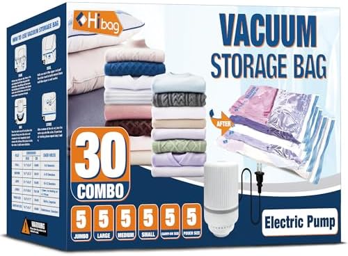 HIBAG Vacuum Storage Bags with Electric Pump, Vacuum Seal Bags for Clothing, Pillows, Blanket Bedding Comforters, 30 pack