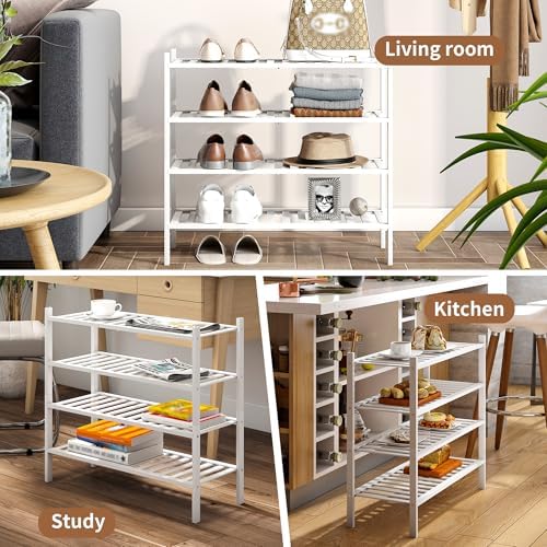 Bamboo Shoe Rack Stackable Shoe Shelf Storage Organizer for Unit Entryway Hallway and Closet Sturdy Freestanding Shoe Shelf(4 Tier White)