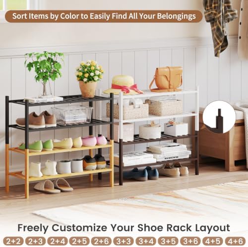 Bamboo Shoe Rack Stackable Shoe Shelf Storage Organizer for Unit Entryway Hallway and Closet Sturdy Freestanding Shoe Shelf(4 Tier White)